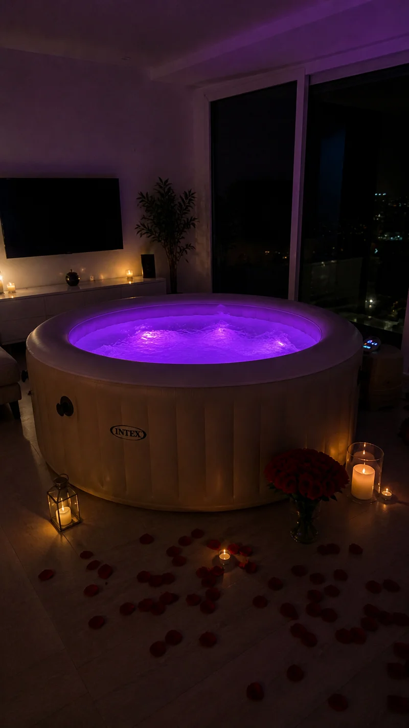 Soirée jacuzzi intime avec pétales et bougies