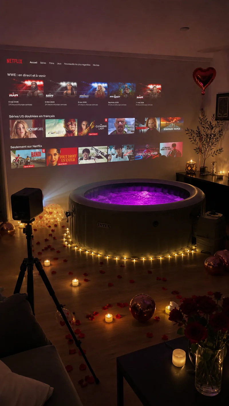 Jacuzzi Bullenn avec projection Netflix, soirée cinéma maison