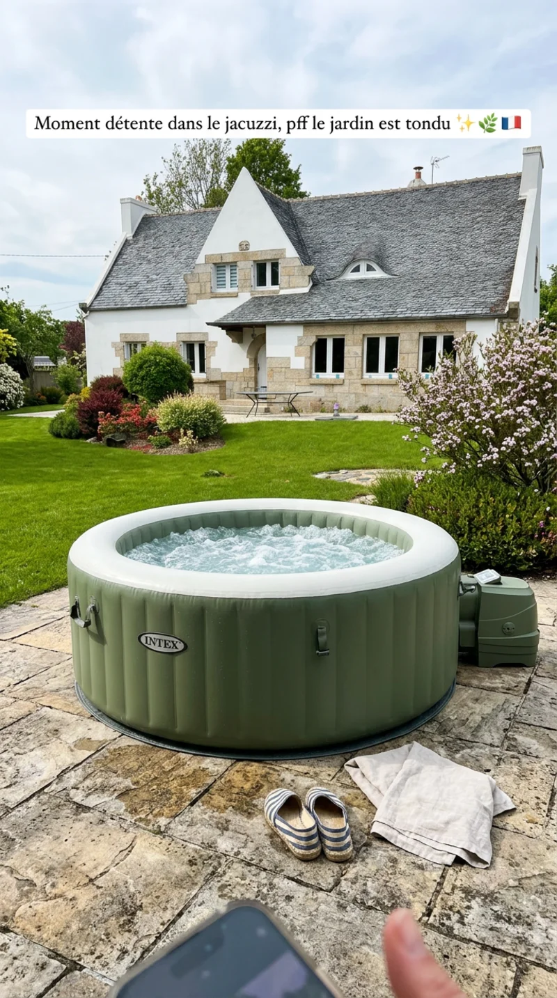 Jacuzzi Bullenn devant maison bretonne en pierre granit